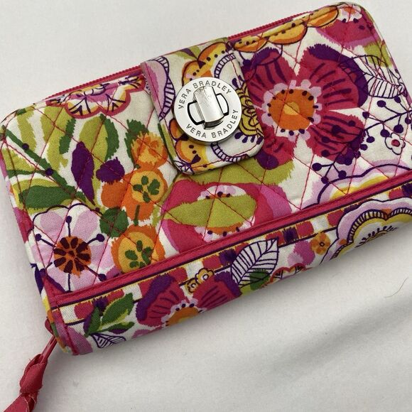 Vera Bradley Wallet Zip Around Turn Lock Organizer Pink Floral Quilted Bloomcore - Picture 3 of 14